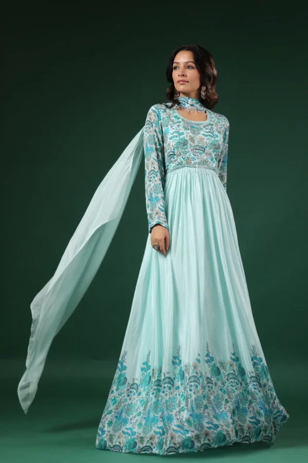 Floral Printed Gown with Handwork embroidery