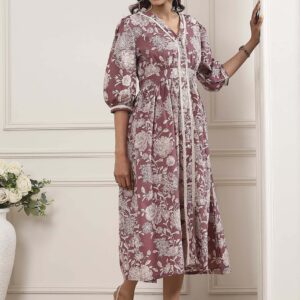 Nude-Colored Cotton Printed Flared A-Line Dress