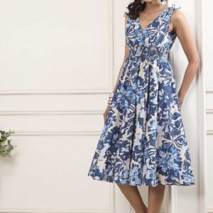 Blue Cotton Printed Kalidar Flared Dress