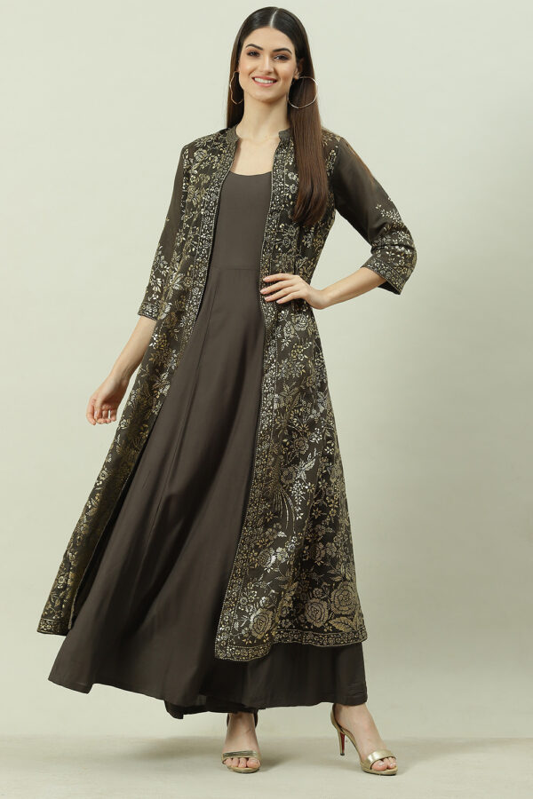 Charcoal Art Silk with Cape Printed Dress