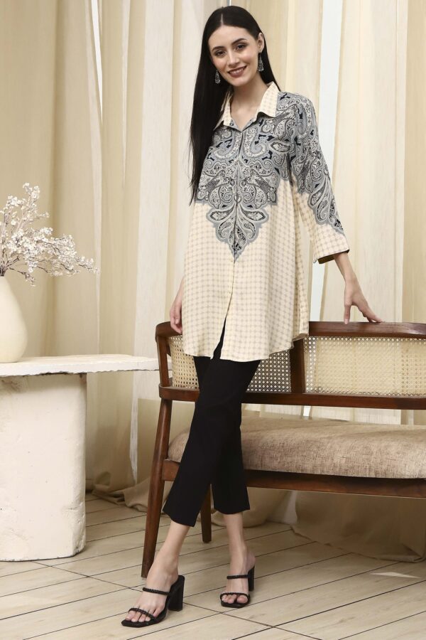 Ivory Printed Shirt-Style Straight Short Kurta