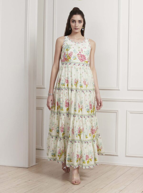 Off-White Cotton Printed Tiered Dress